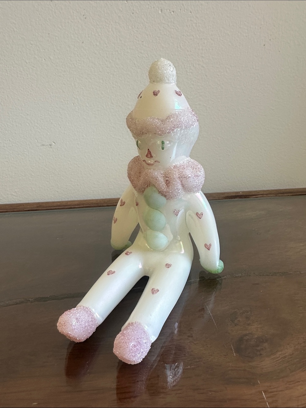 Vintage Fenton White Glass Clown Figurine with Pink Glitter and Green Accents